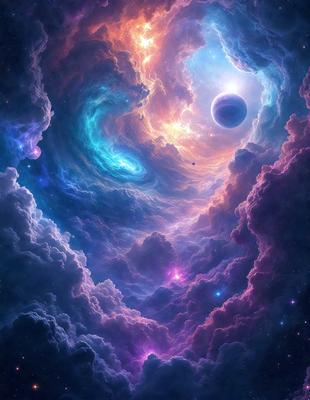 The primary subject of the image is a purple and blue nebula, which is a cloud of gas and dust in space. The setting is a dark, cloudy sky, and the visual style is a digital art or illustration. The dominant colors in the image are purple and blue, creating a serene and calming atmosphere.